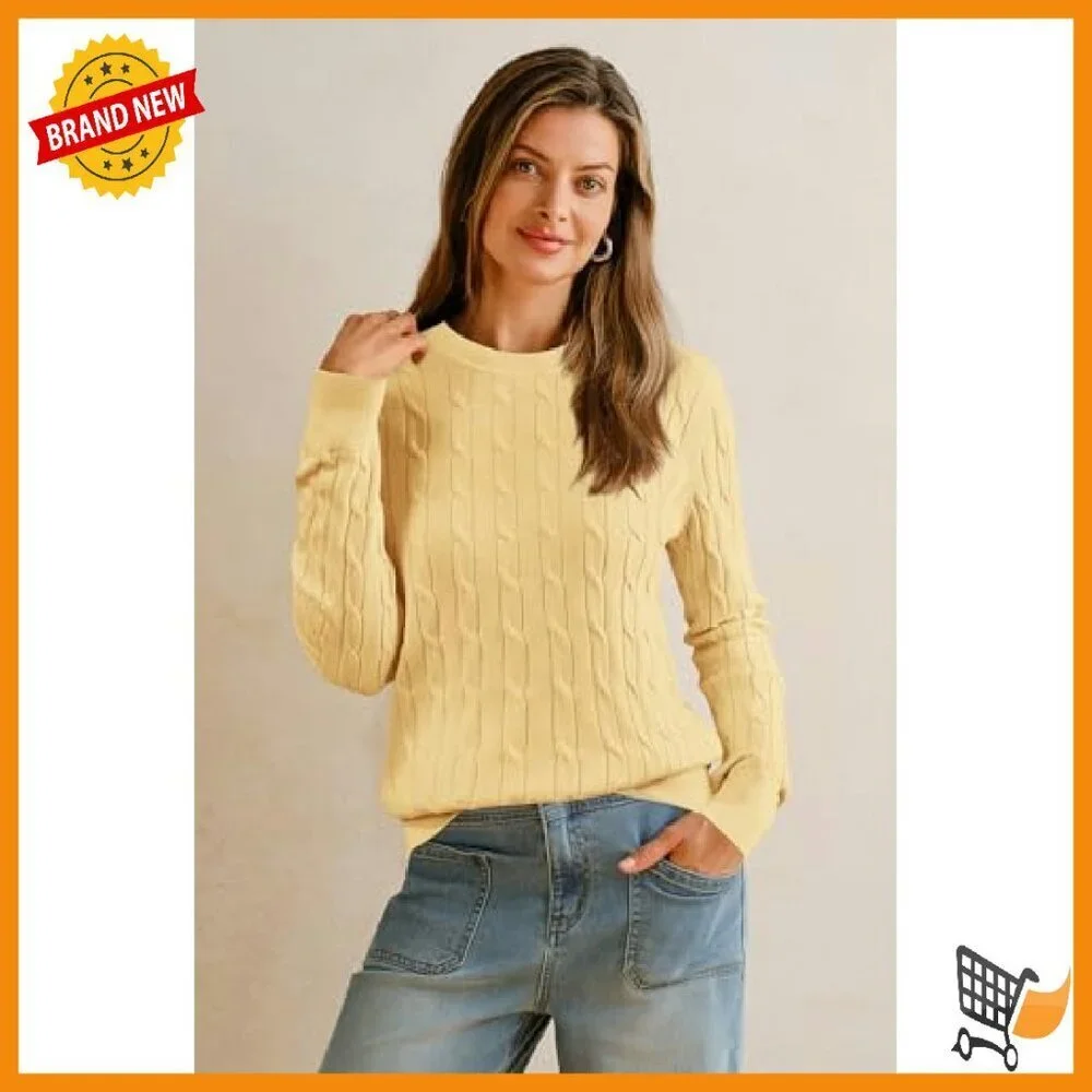 Wool Blend Cable Knit Pullover Sweater, Loose Fit Crew Neck